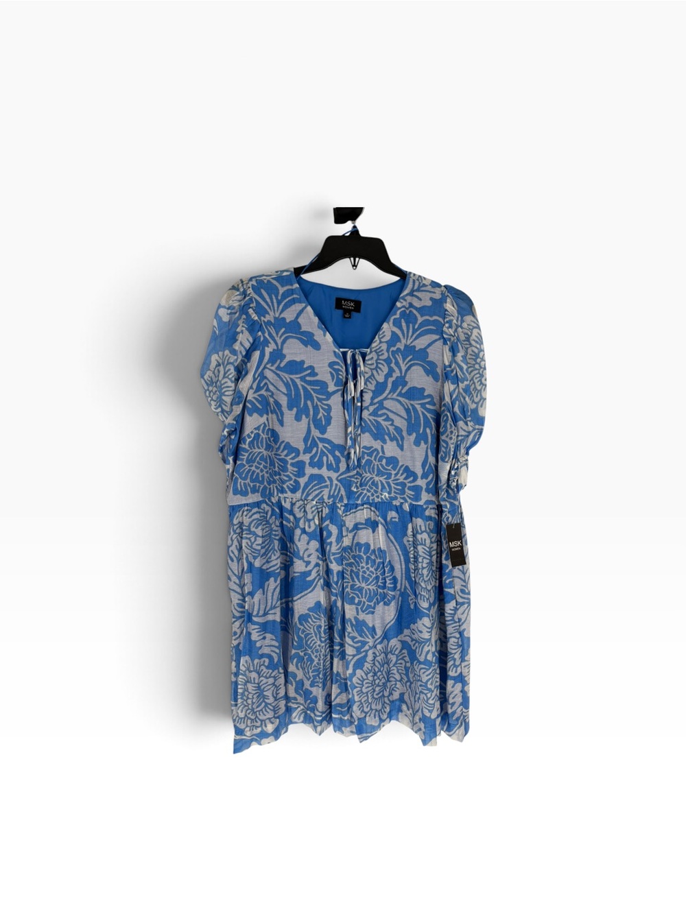 New MSK Blue and White Floral Tie-Front Puff Sleeve Dress size 1X - Picture 3 of 7
